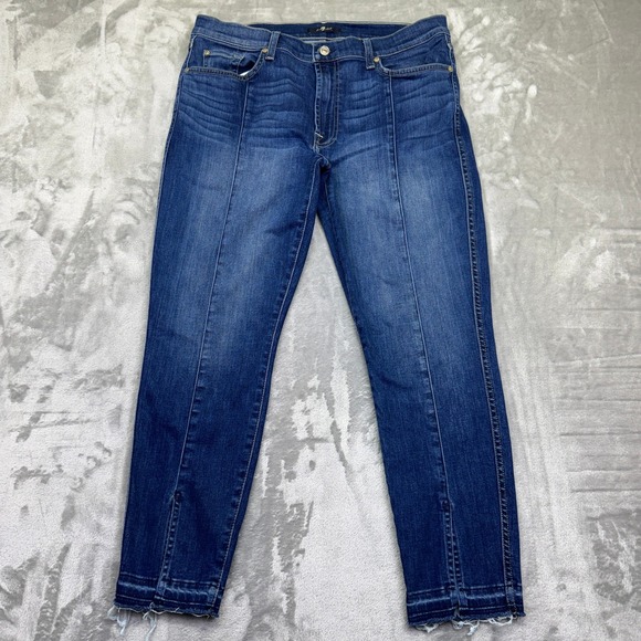7 For All Mankind Womens Dark Wash Denim Ankle Fray Hem Jeans Sz 33 Stretch - Picture 1 of 10